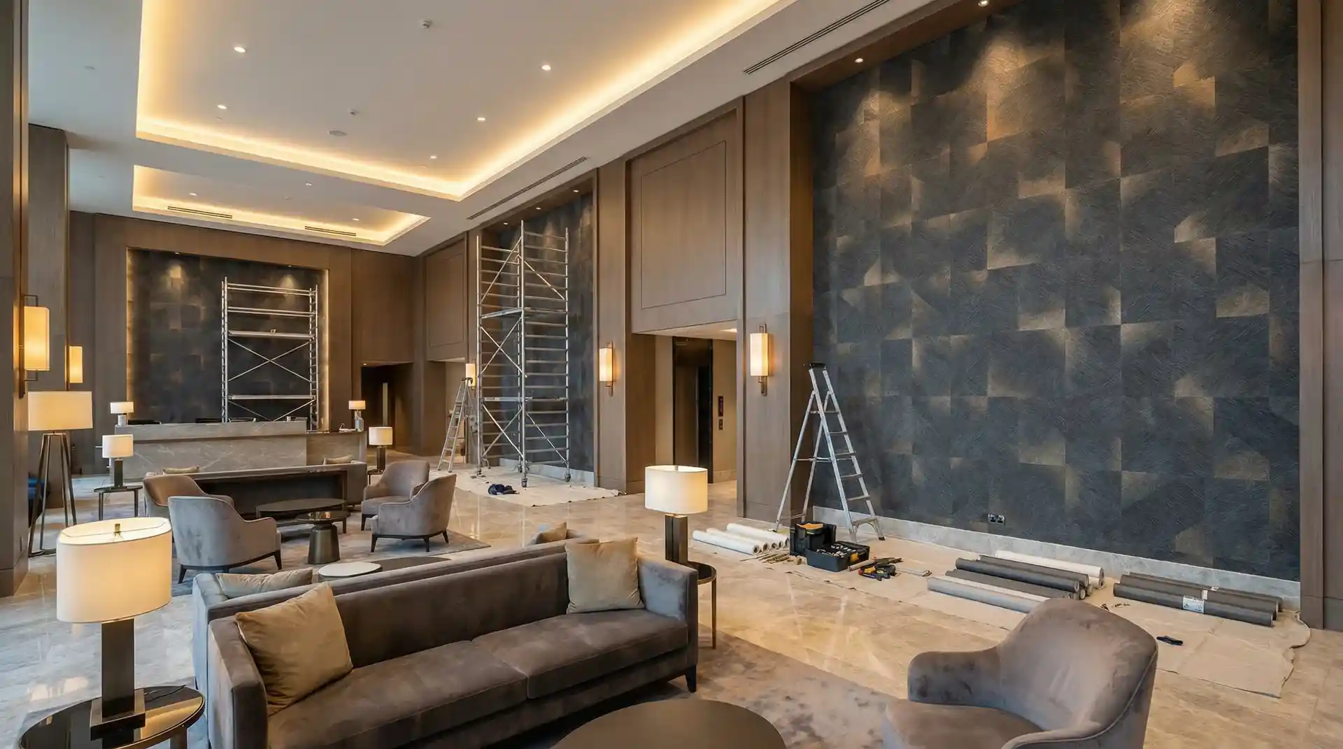 Commercial wallcovering installation in luxury hotel lobby, Denver Colorado